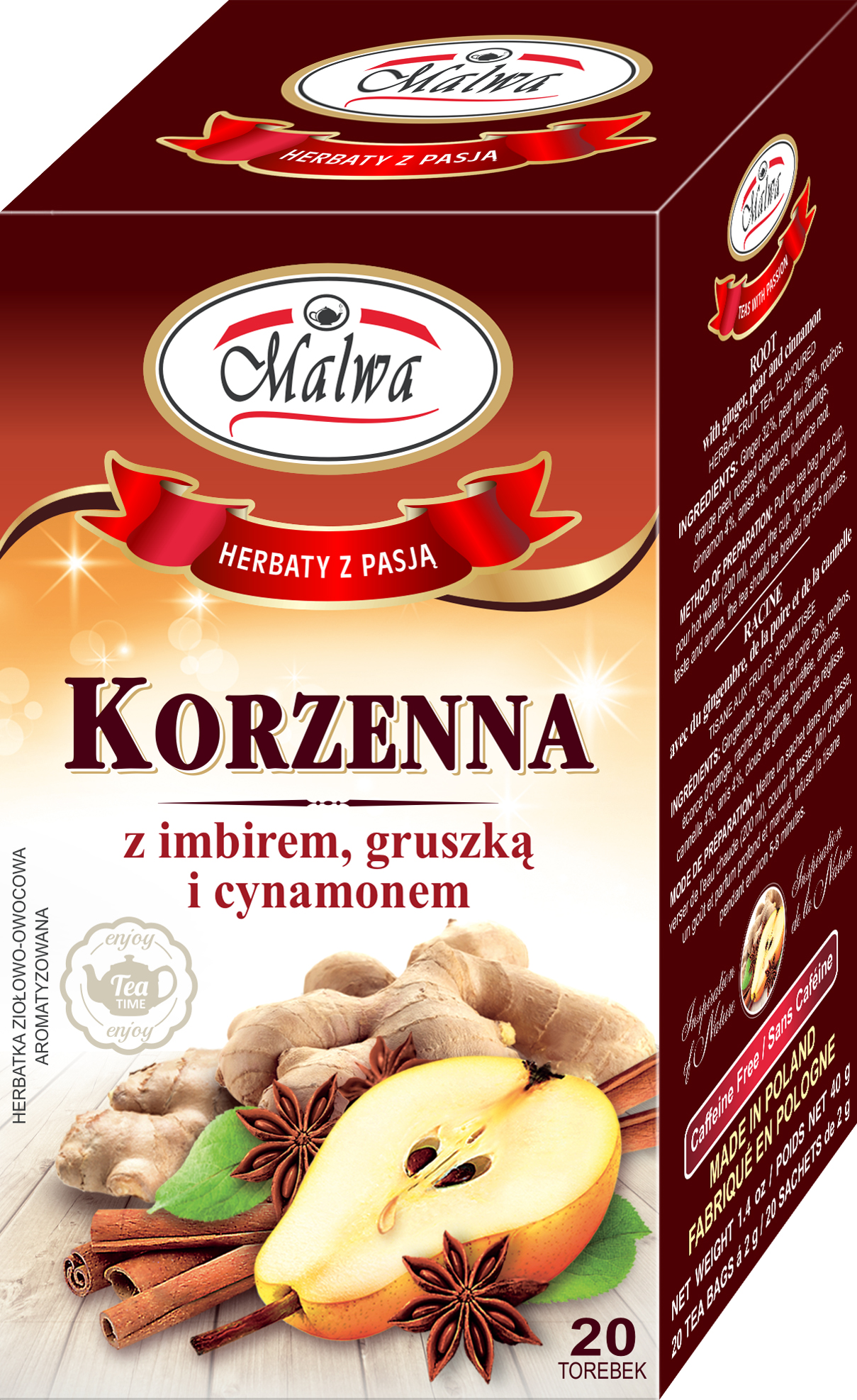 Malwa Herbatka owocowo-ziołowa korzenna z imbirem gruszką i cynamonem 20 x 2g