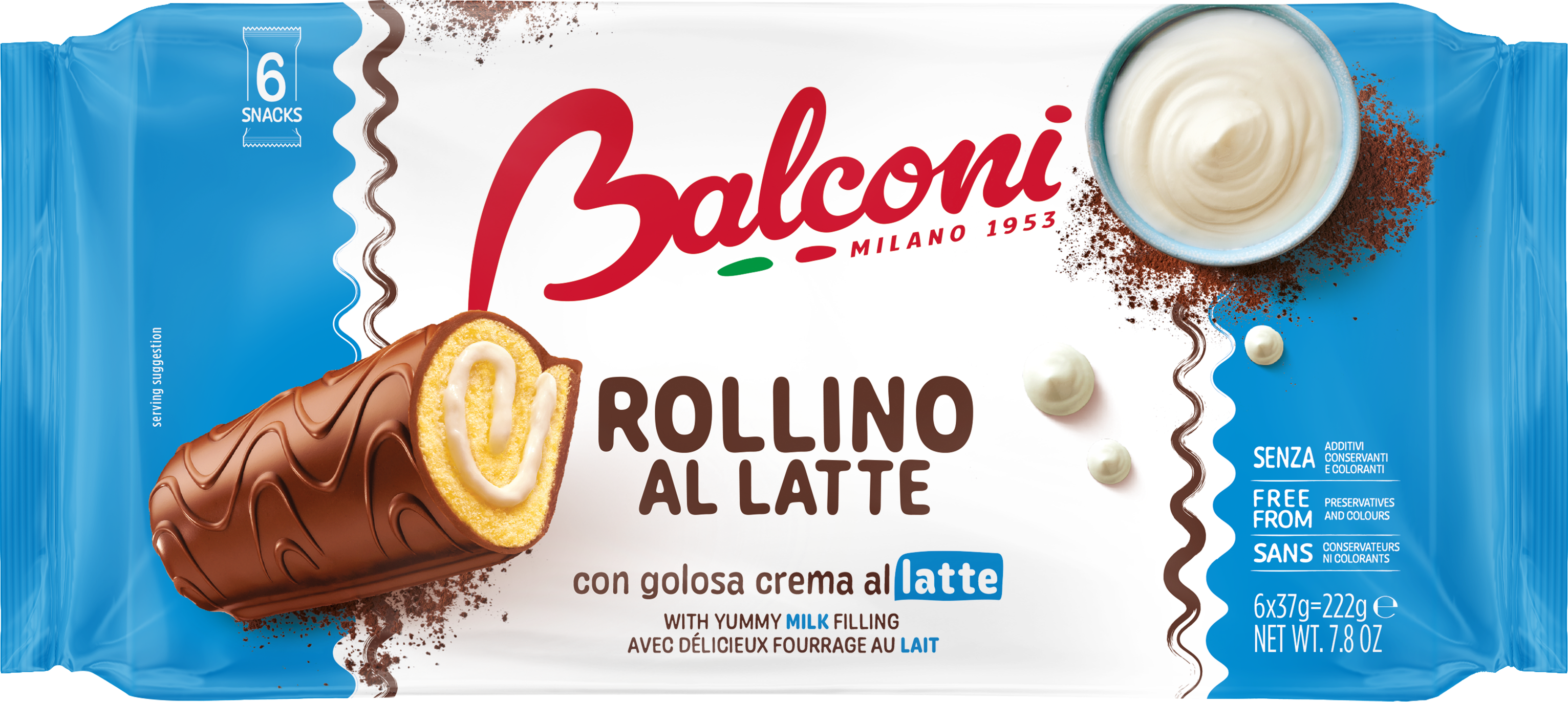Balconi Rollino Latte Rolki biszkoptowe z kremem mlecznym w polewie 222 g