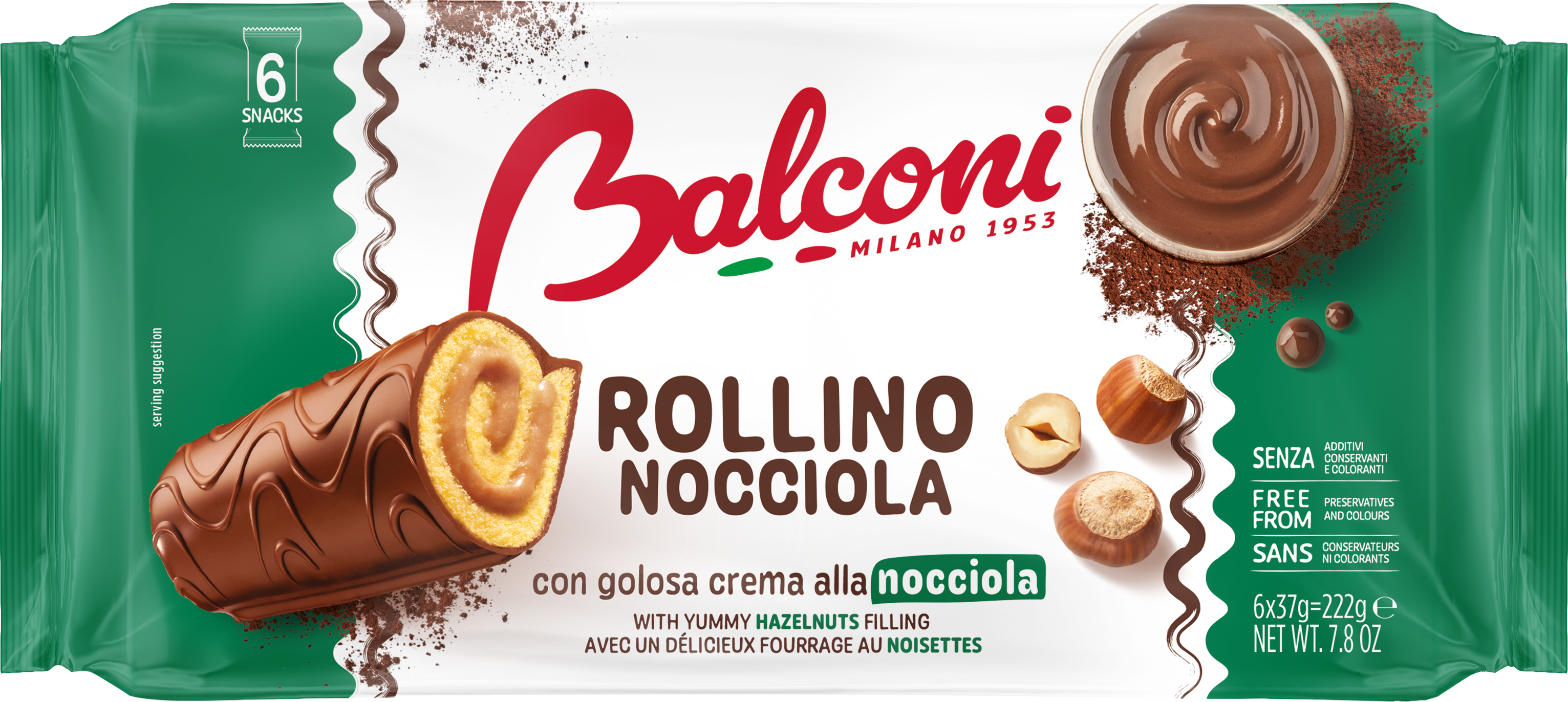 Balconi Rollino Nocciola Rolki biszkoptowe z kremem orzechowym w polewie 222 g