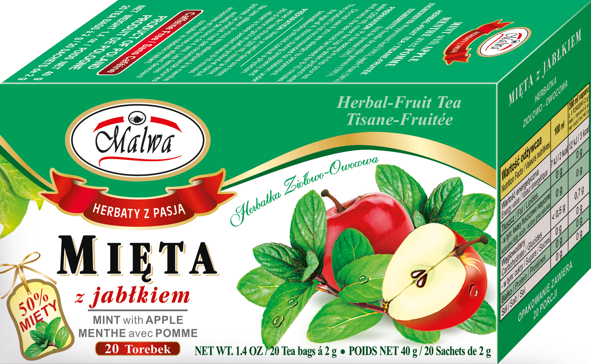 Malwa Mięta z jabłkiem Herbatka ziołowo-owocowa 20 torebek 40 g (20x2 g)